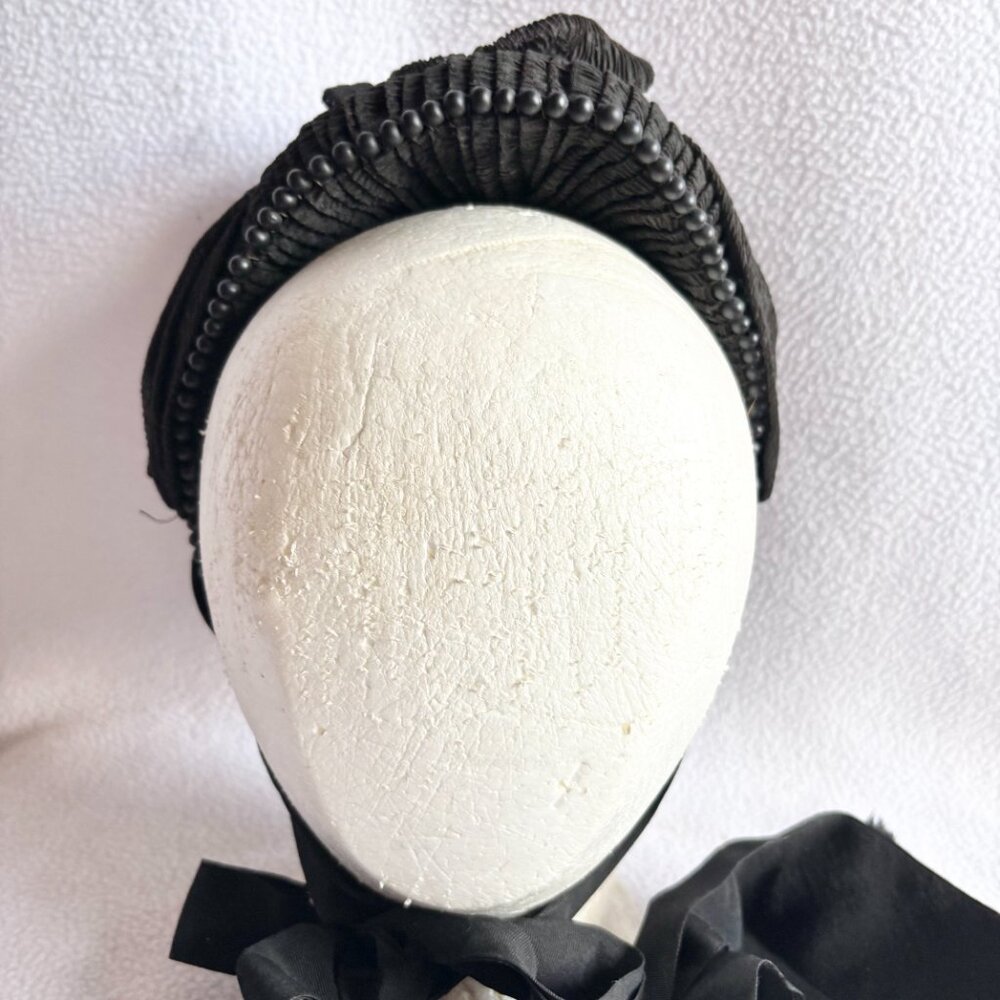 Antique Victorian Black Crepe Beaded Ruched Bonnet - Picture 3 of 15